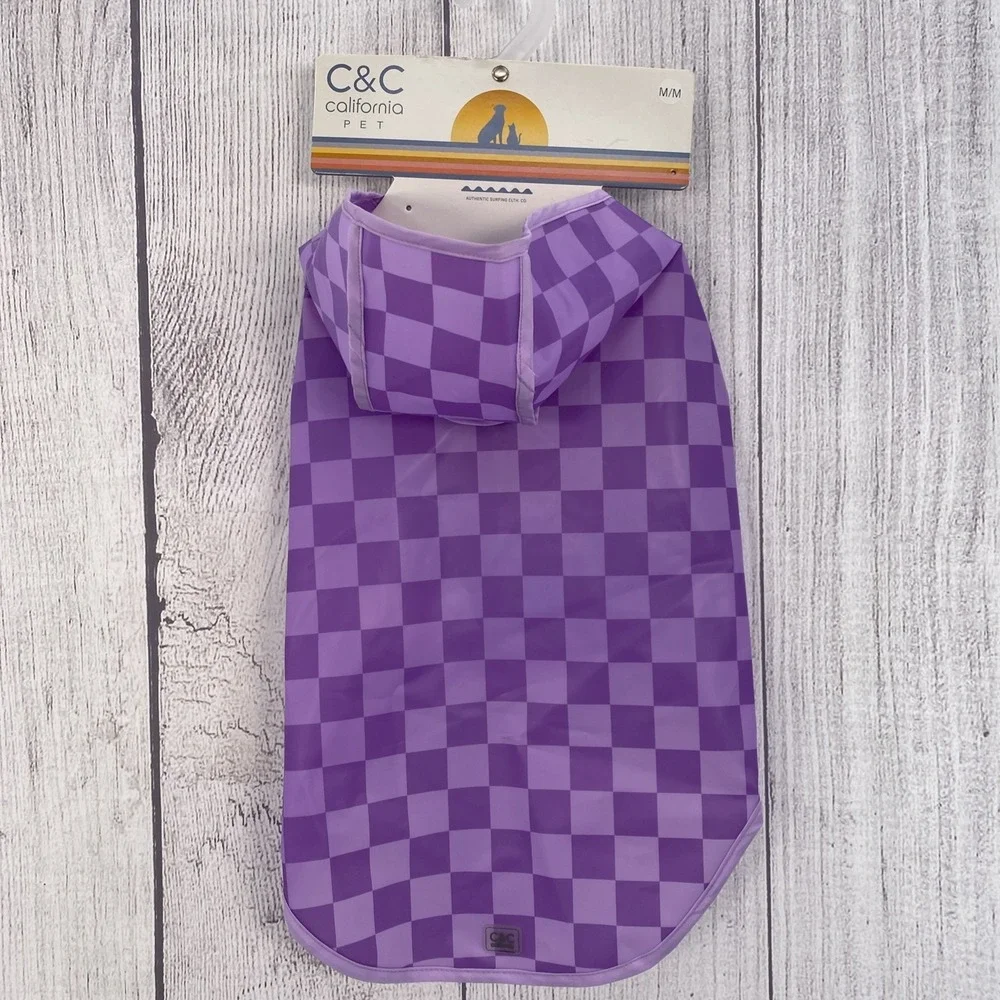 C&C California Dog Rain Coat MEDIUM Purple Checkered Waterproof Hooded Jacket