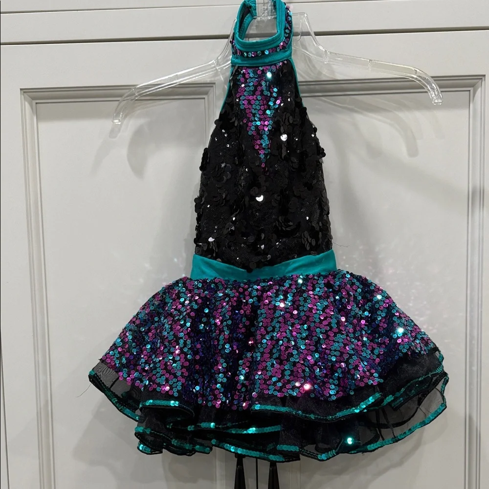 Glamour Costumes Small child. Sparkling Black & Teal Kids Dance Costume Dress-up