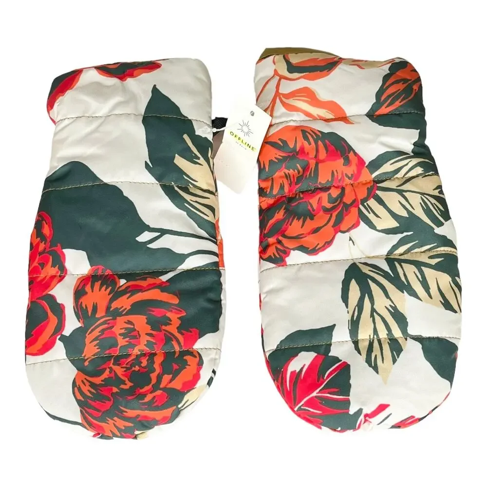 Offline Aerie Gloves Mittens Nylon Floral Orange Rose Flower One Size Adult New