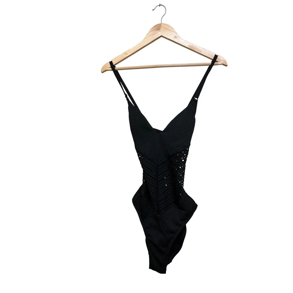 Robin Piccone Perla Black Crochet One Piece Swimsuit 182613 Womens Size 10 NEW
