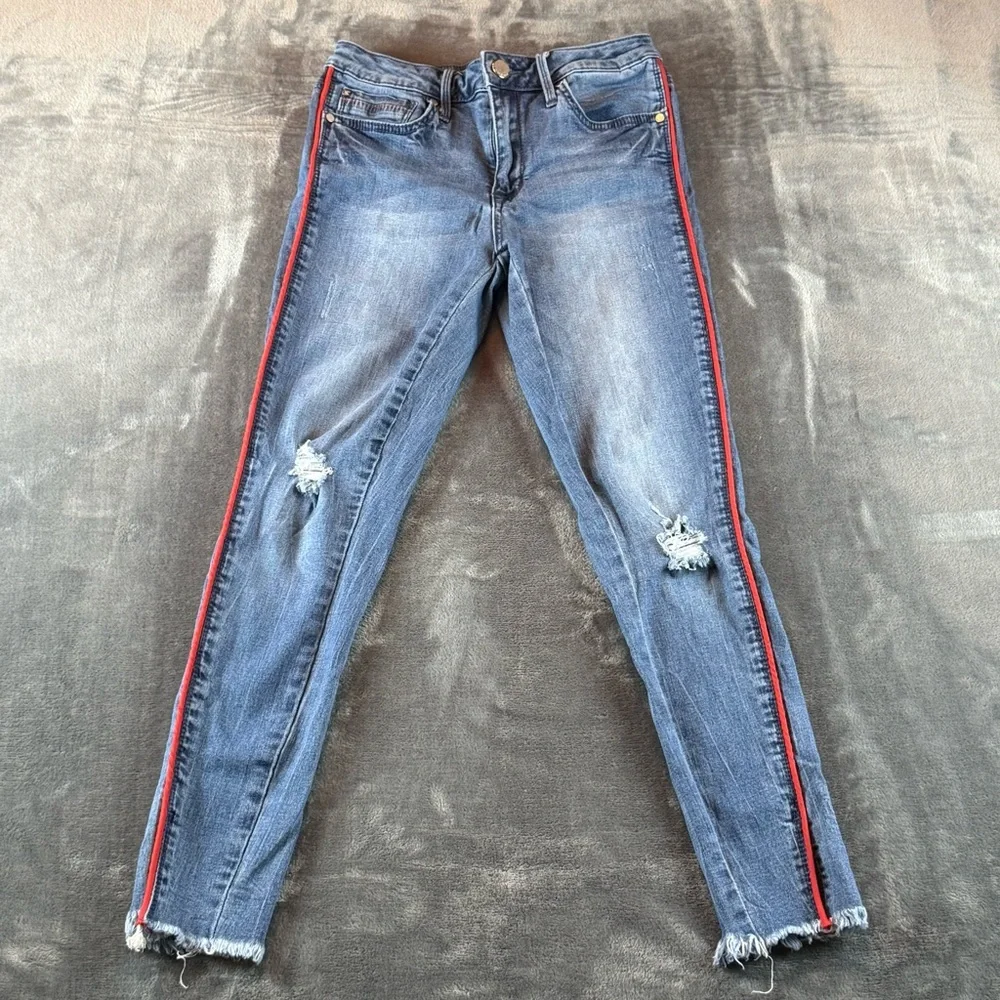 Seven‎ 7 Women's Jeans Size 4 Mid Rise Ankle Skinny Red Trim Raw Hem Distressed