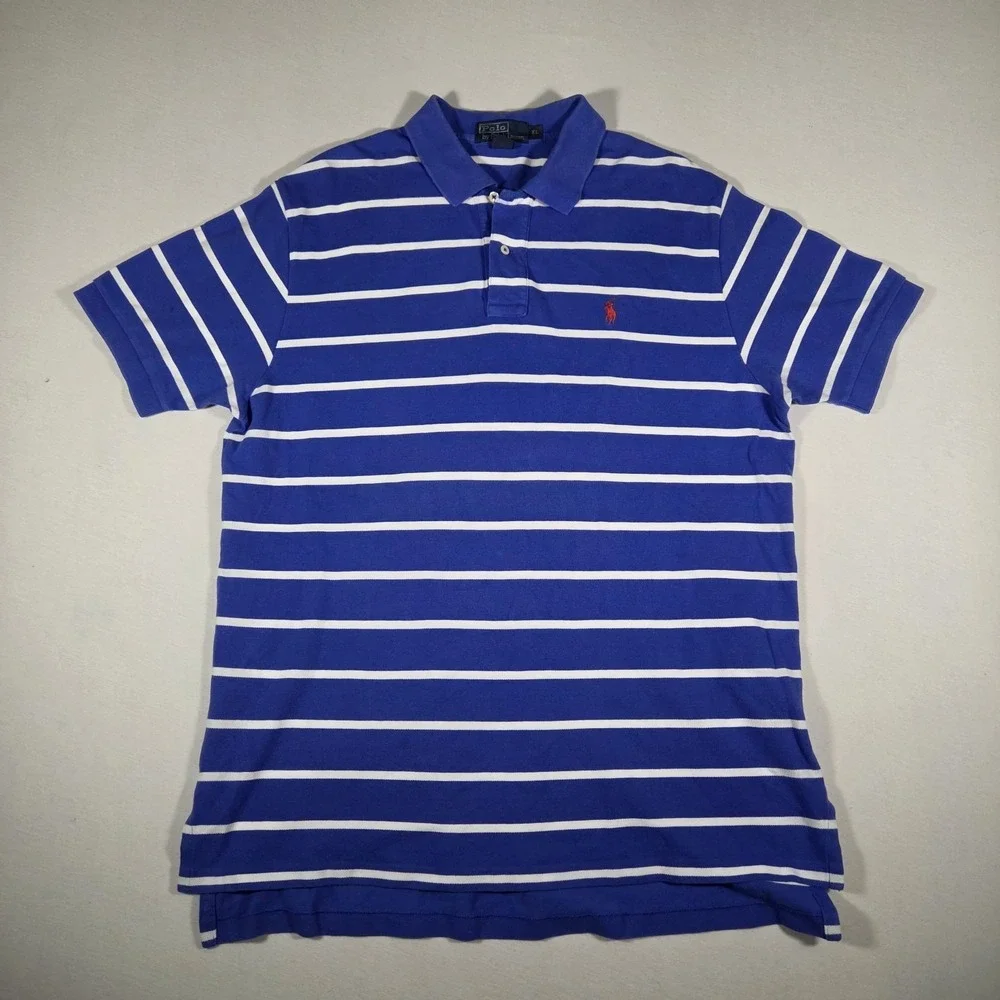 Vintage Polo Ralph Lauren Shirt Short Sleeve Collared Blue And White Stripe