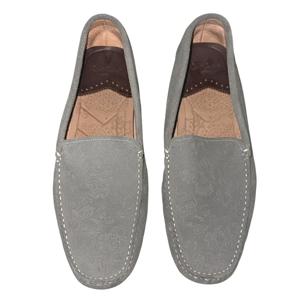Robert‎ Graham Crossbones Skull and Roses Gray Suede Driving Mocs sz 12