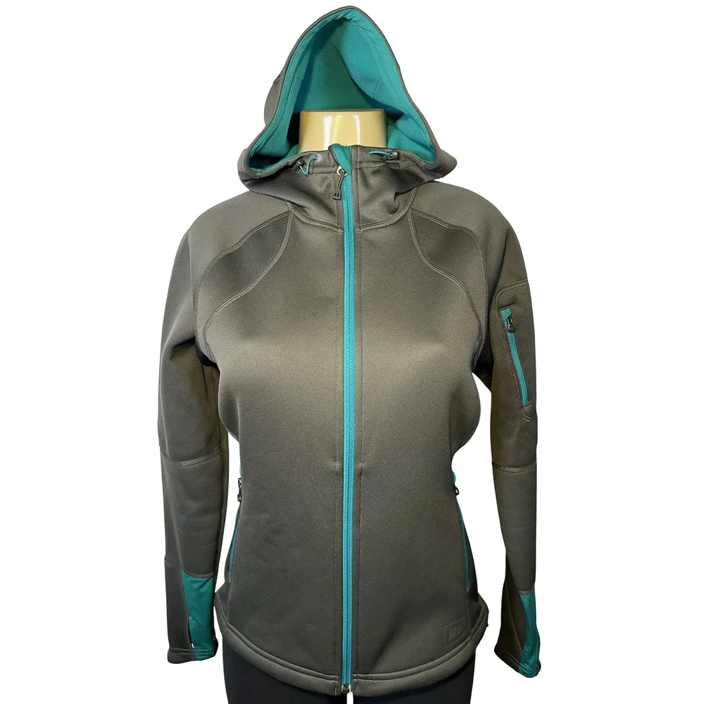 REI‎ Jacket Womens Medium Gray Teal Hooded Softshell Fleece Lined Zipper Pockets