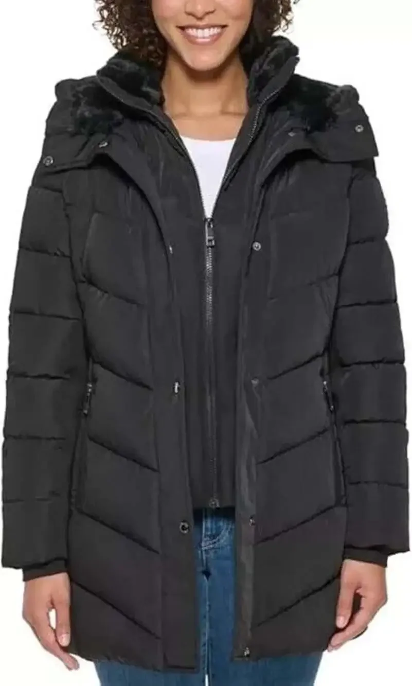 Andrew Marc‎ Ladies' Walker Jacket Black Mixed Media Hooded Puffer