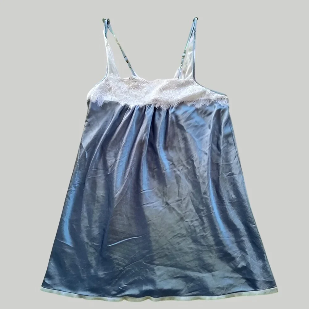 Anthropologie Floral Nikrooz Pearl Lace Slip Vintage Blue Size Medium
