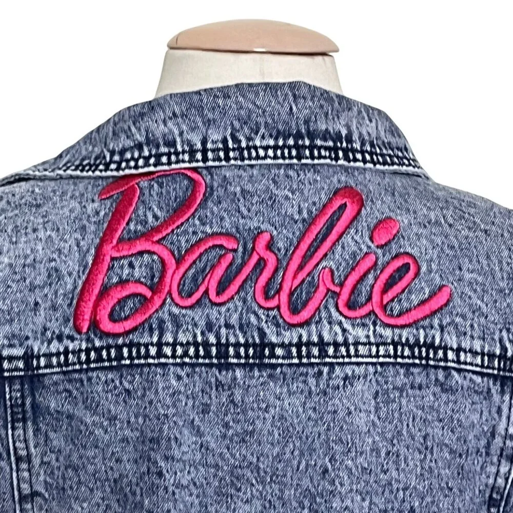 Barbie Girls Denim Trucker Jacket Size XL Acid Wash Pink‎ Embroidered Logo Retro