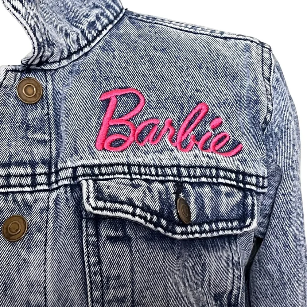 Barbie Girls Denim Trucker Jacket Size XL Acid Wash Pink‎ Embroidered Logo Retro