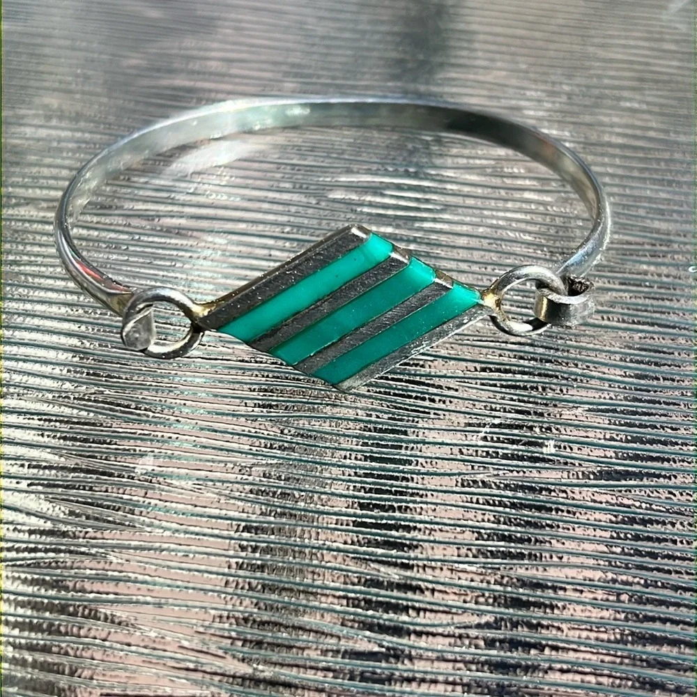 Vintage Mexican Malachite Inlay Cuff Bracelet – Geometric Modernist Design