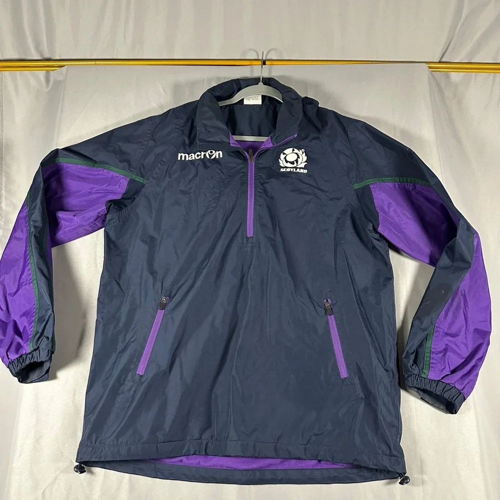 Macron Scotland Rugby Jacket Mens XL Navy Blue Fleece Lined Windbreaker