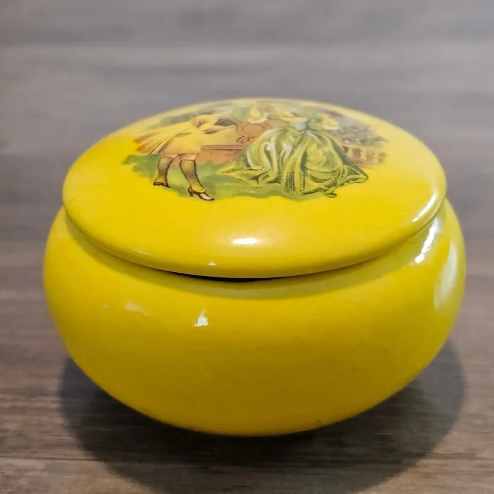 Vintage Victorian Trinket Jewelry Box Yellow Round Ceramic Keepsake Medieval