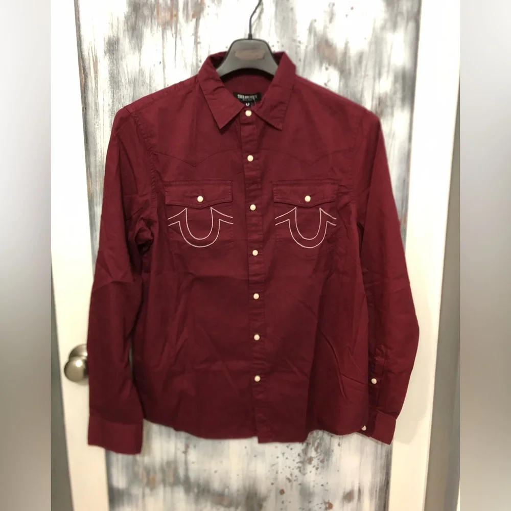 True Religion Western Embroidery Mens L/S Snap Button Down Shirt Zinfandel