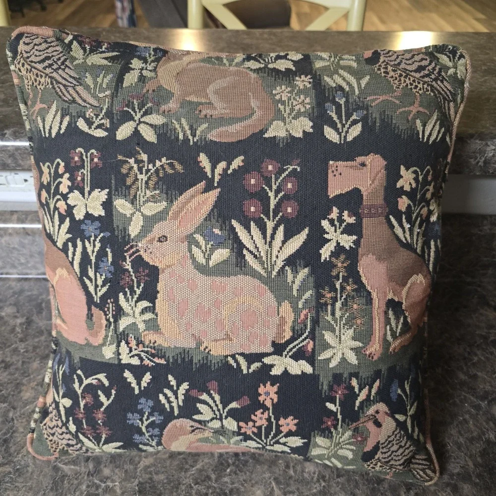 VTG Tapestry Throw Pillow Forest Animals Dog Rabbit Bird Otter 16x16 Cottagecore