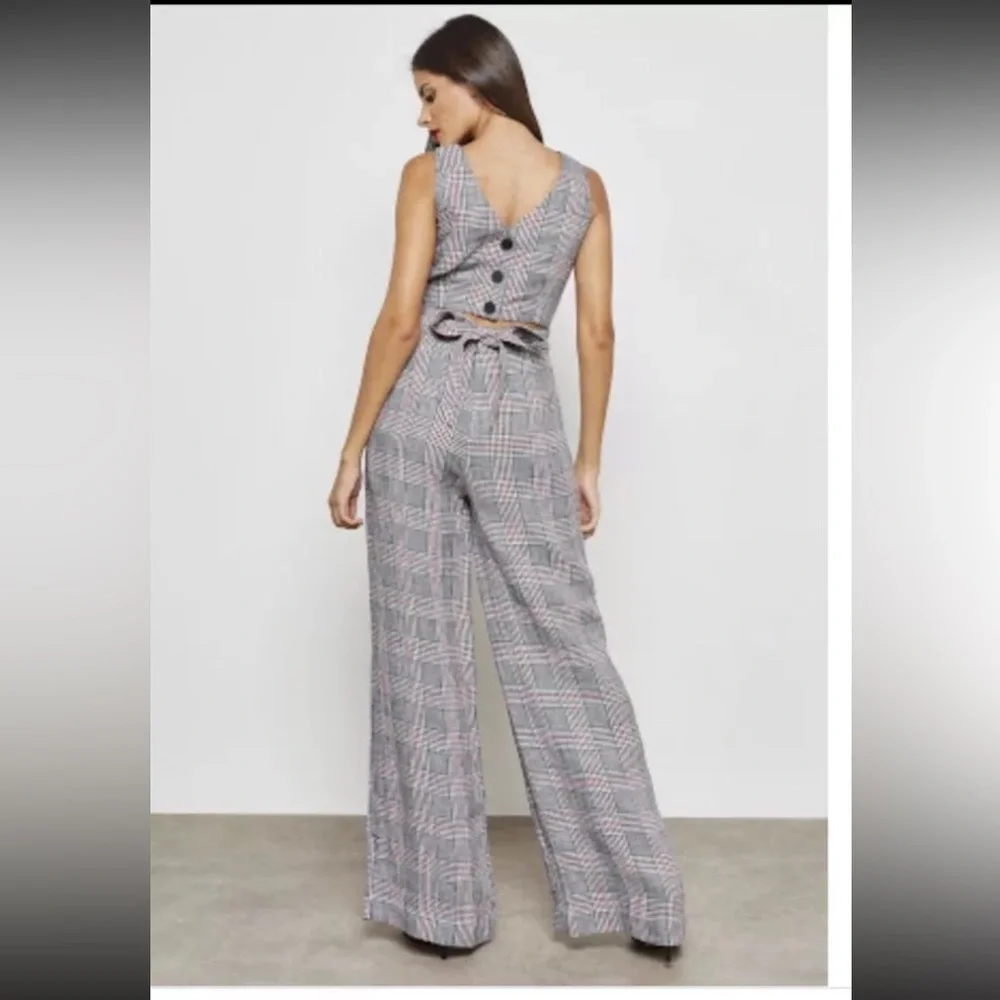 Mango Linen Wide Leg Jumpsuit, Grey Plaid, Size: XS