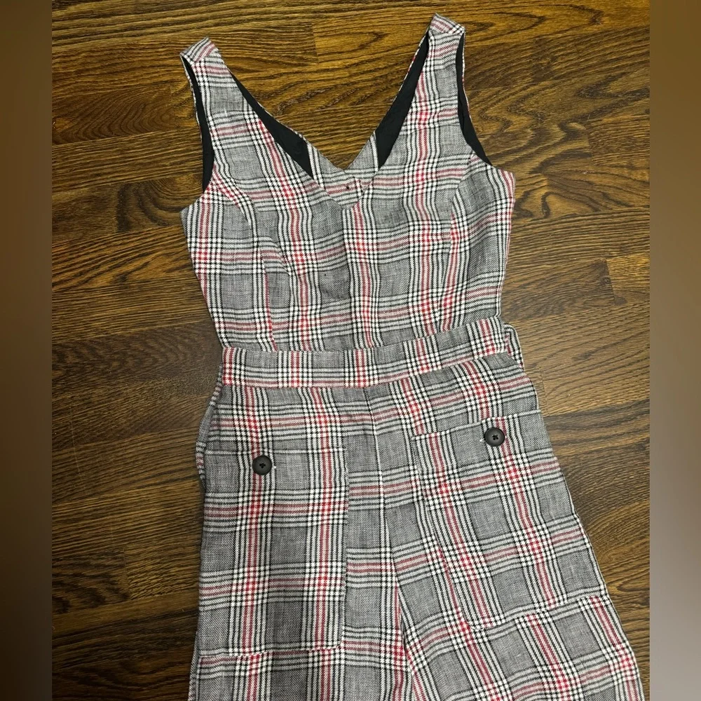 Mango Linen Wide Leg Jumpsuit, Grey Plaid, Size: XS