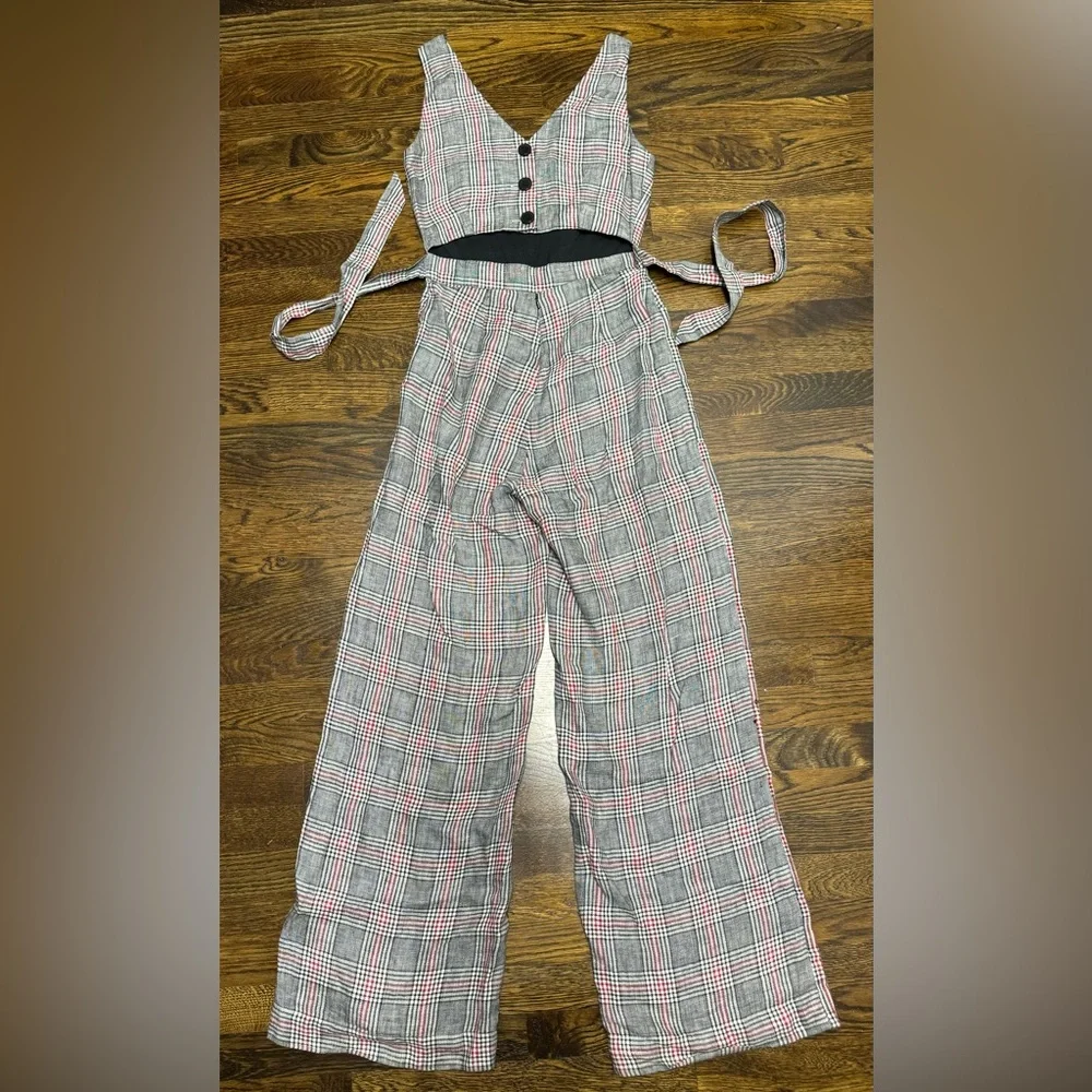 Mango Linen Wide Leg Jumpsuit, Grey Plaid, Size: XS