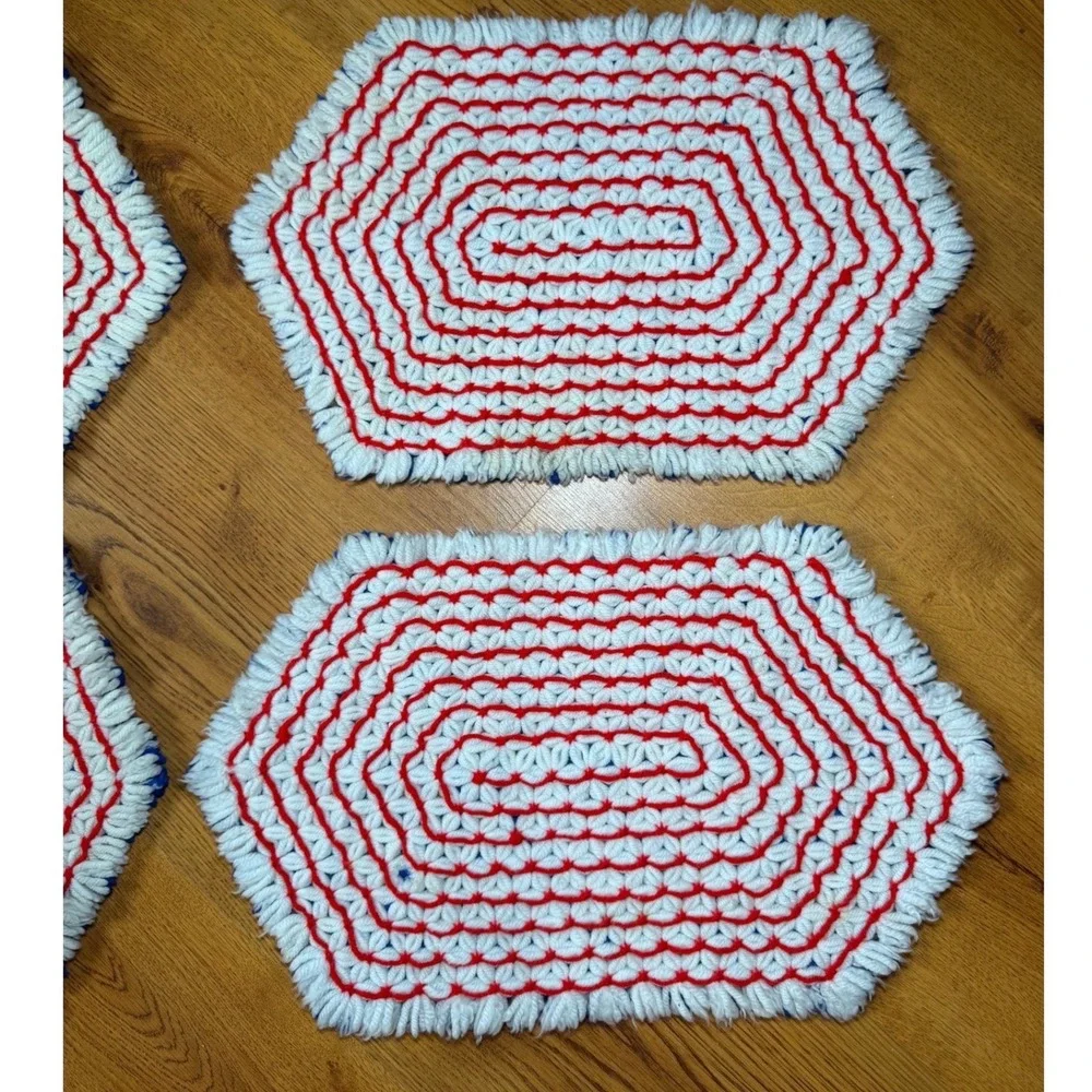 Vintage Handmade Crochet Loom Knit Placemats Blue Red White Geometric Patriotic