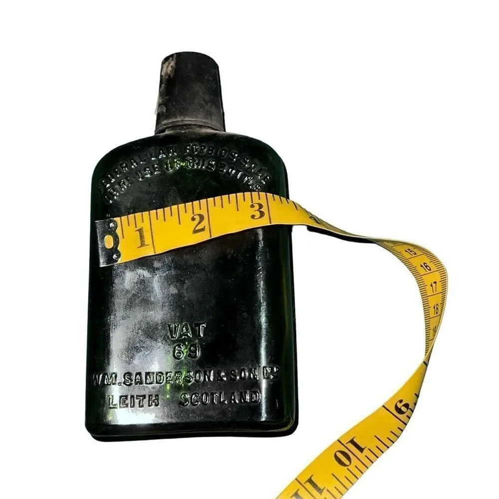 Antique Leith Scotland Black Glass Sanderson & Son Liquor Bottle Size 7” x 3.5”