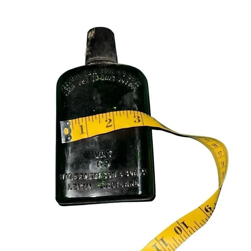 Antique Leith Scotland Black Glass Sanderson & Son Liquor Bottle Size 7” x 3.5”