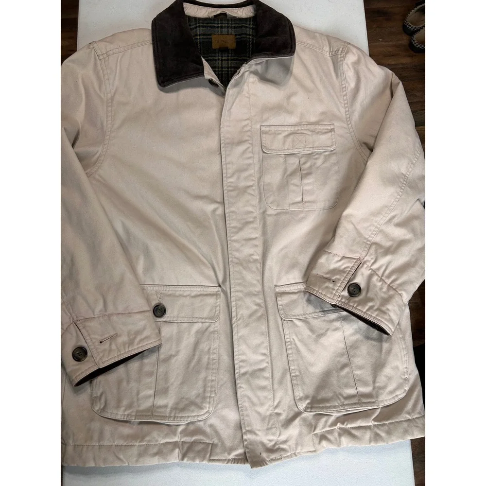 Vintage St. Johns Bay Field Jacket Tan Canvas‎ Corduroy Collar Plaid Lined Large