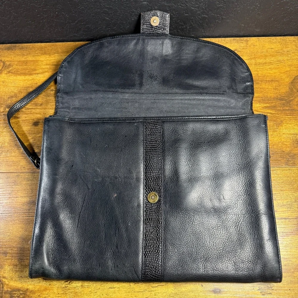 Bagaggio Vintage Black Leather Lizard Embossed Messenger Bag Briefcase OS