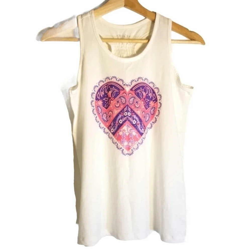THE CHILDREN'S PLACE Graphic Bandana Print Pink Heart Smocked Ivory Tank‎ Top XL