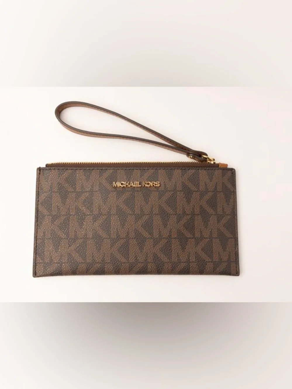 Michael Kors Brown Logo-Print Wristlet with Gold Hardware