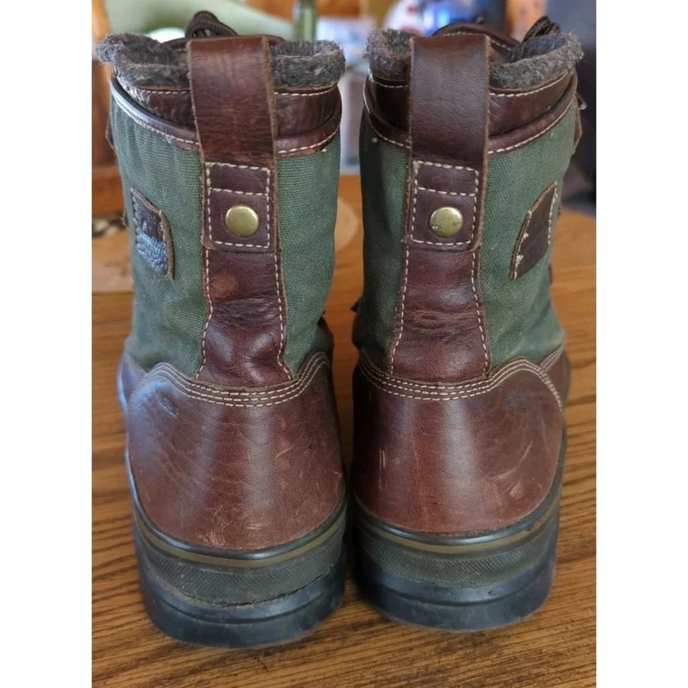 Vintage Clarks Green Canvas‎ Brown Leather Wool Lined Boots 11 M Waterproof