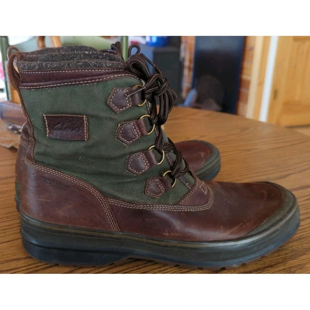 Vintage Clarks Green Canvas‎ Brown Leather Wool Lined Boots 11 M Waterproof
