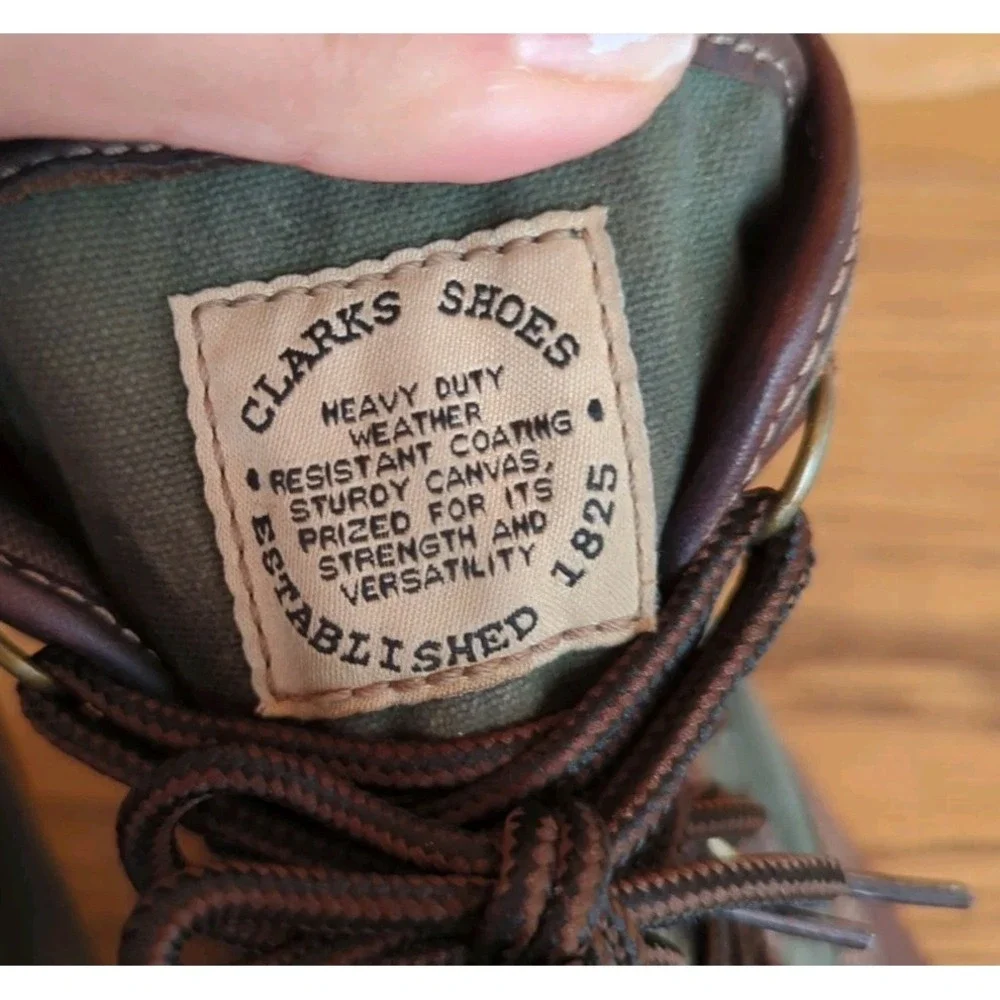 Vintage Clarks Green Canvas‎ Brown Leather Wool Lined Boots 11 M Waterproof