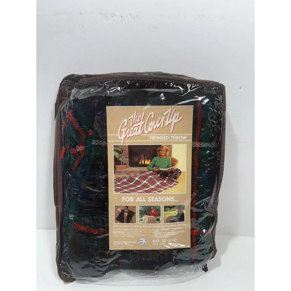 The Great Cover Up‎ Fringe Throw Blanket JCPenney Plaid USA 50x60 Blue Green Red