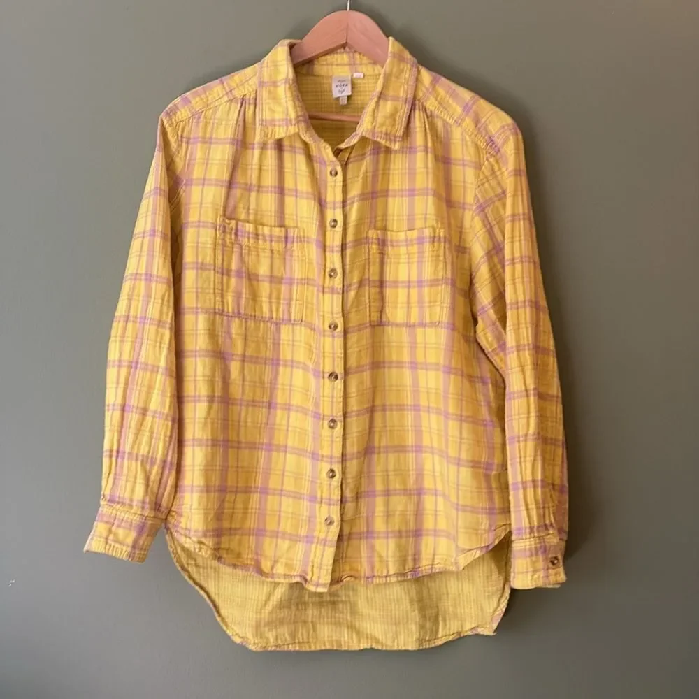 Anthropologie Seen Worn Kept Romy Yellow Plaid Relaxed Button-down Shirt Sz 10