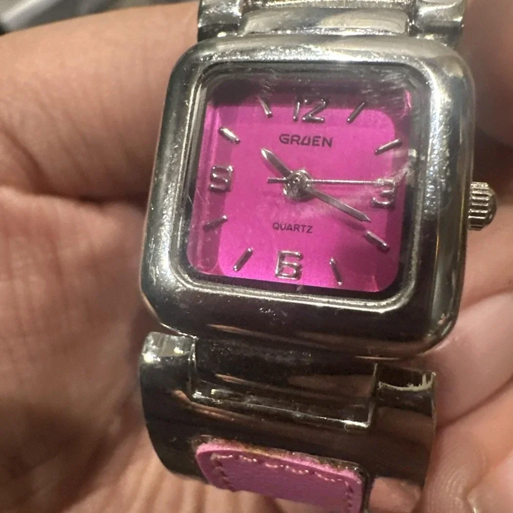 Working Gruen Women's Watch Square Wide Pink Dial & Steel band 24mm Fit‎ 6.5in