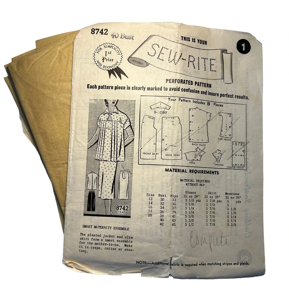 Sew Rite Vintage Mail Order Pattern #8742 Maternity Ensemble Sz 40 Bust HTF RARE