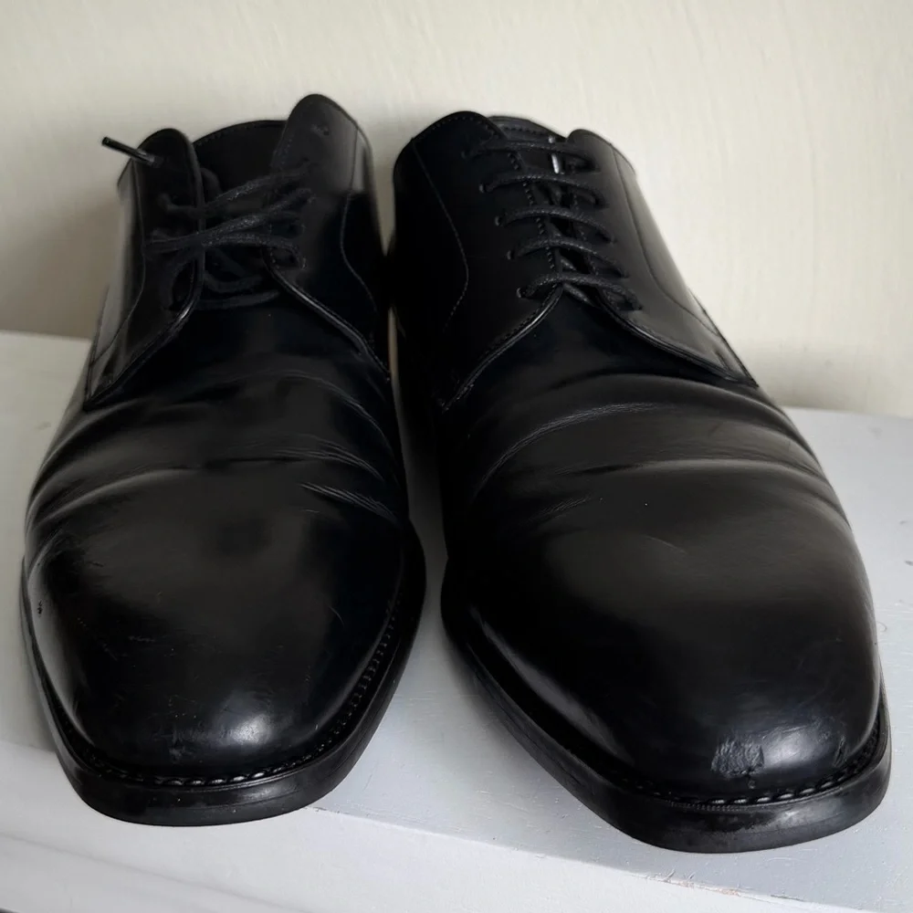 Mens Black Leather Lace Up Derby Dress Shoes Plain‎ Toe 10.5 To Boot NY Italy