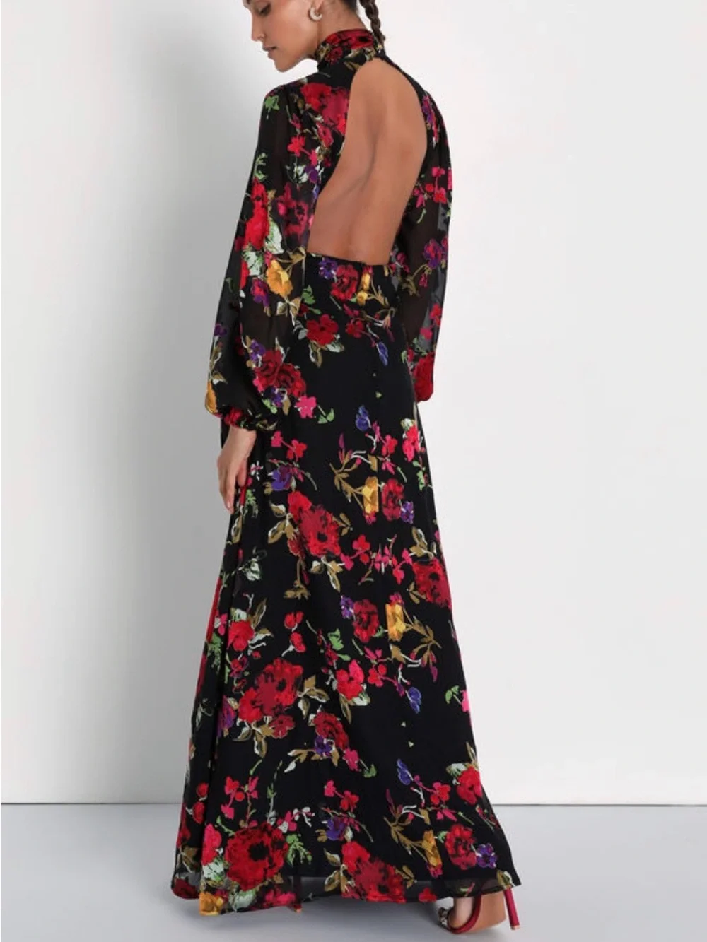 Lulus Graceful Arrival Black Floral Burnout Backless Maxi Dress Small