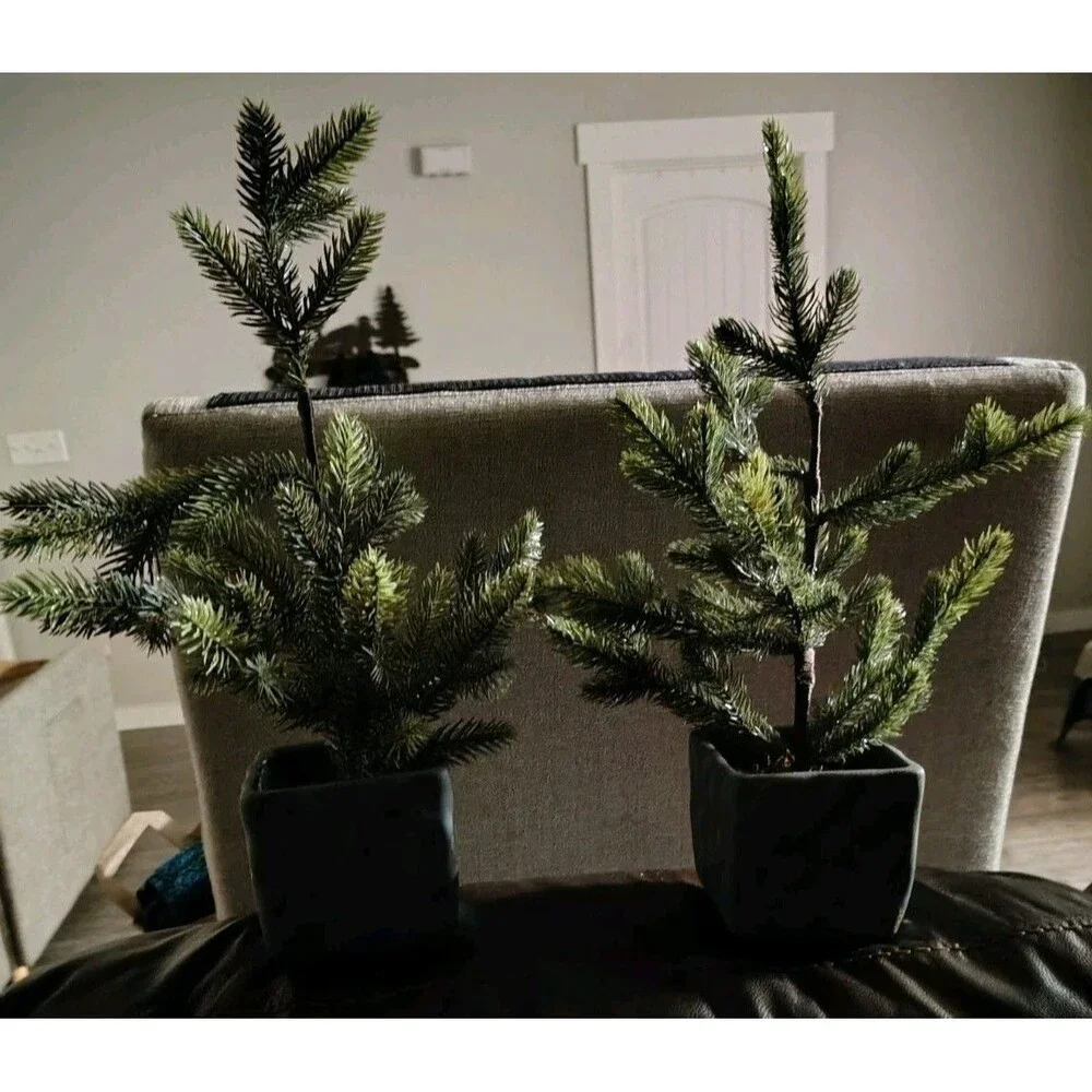 Artificial Topiary Christmas Trees Set of 2 Undecorated Green Plastic Potted