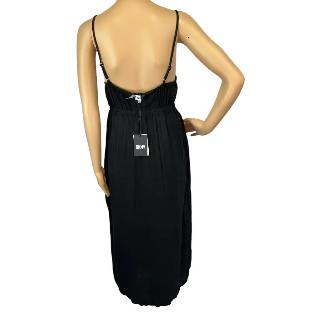 NWT DKNY V-Neck Front Tie Maxi Dress Cover Up Black Beachwear Side Slit Size M
