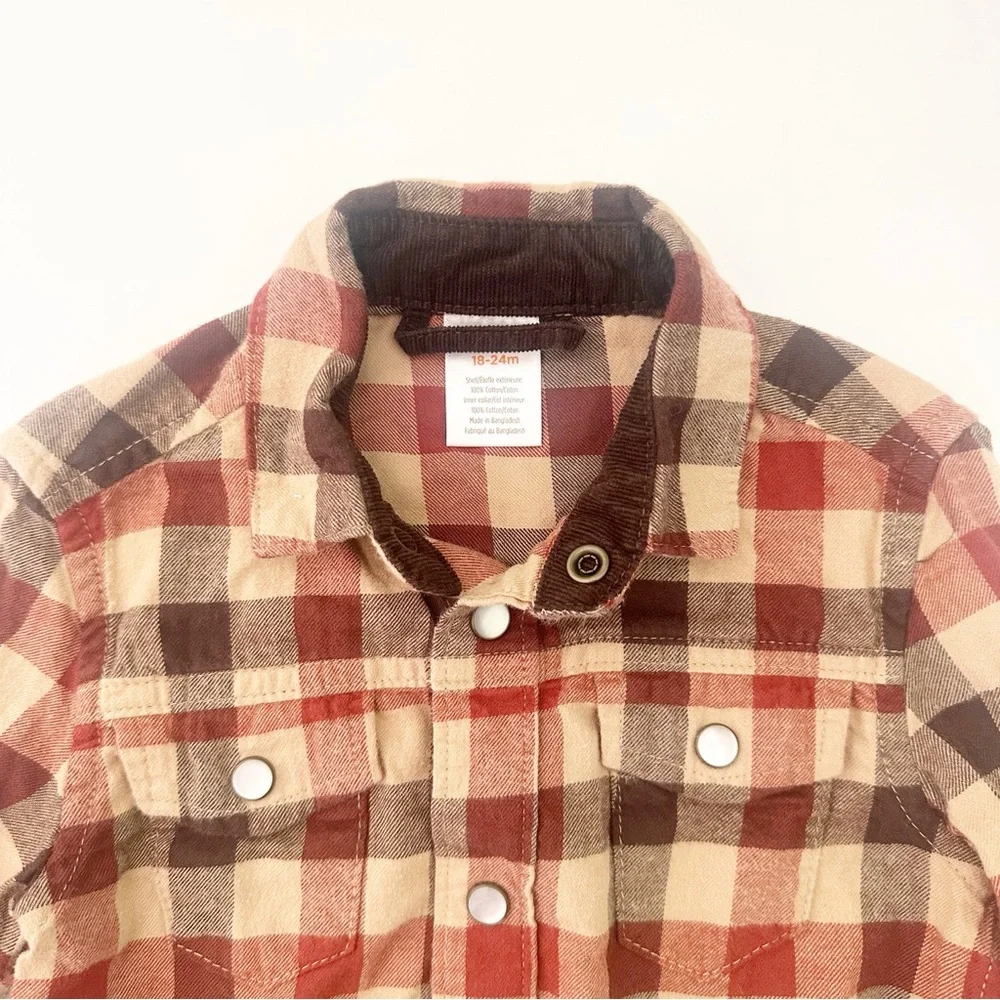 Gymboree Toddler Boy Buffalo Check Flannel Snap Button Shirt Brown Red 18-24M