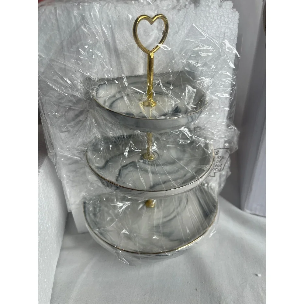 3 Tier Ceramic Marble‎ Jewelry Dish Tray Gold Heart Handle PMH21112 Grey White