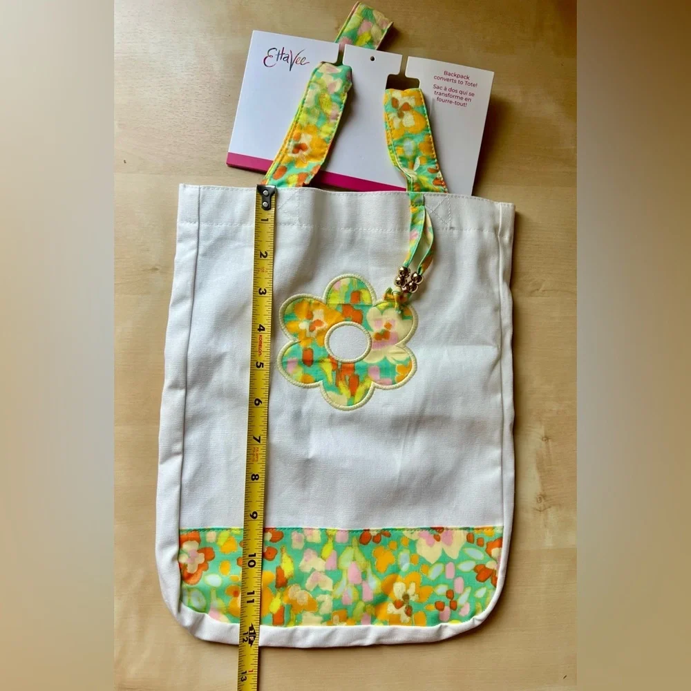 Girls White Canvas Convertible Tote Bag/Backpack Retro Floral Appliqué