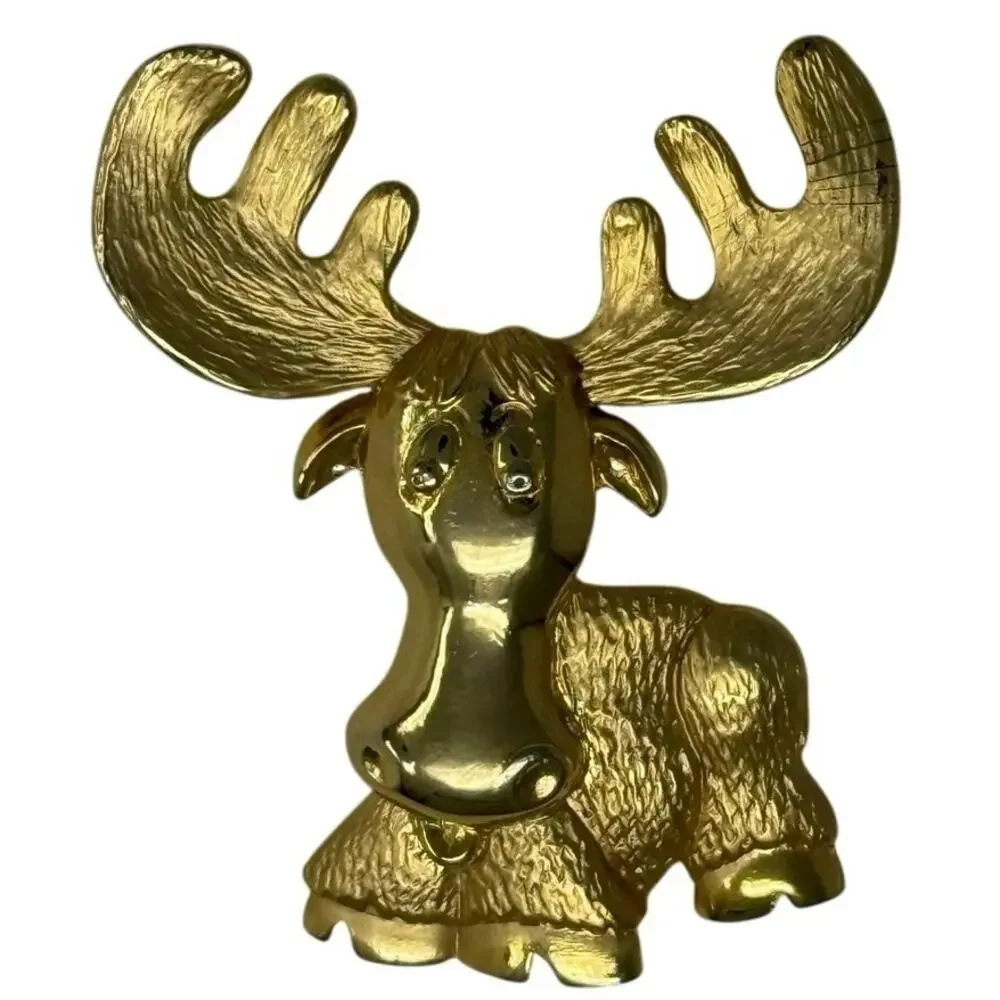 Vintage 90s Gold Tone Moose Brooch Animal Pin Large Antlers Costume Jewelry