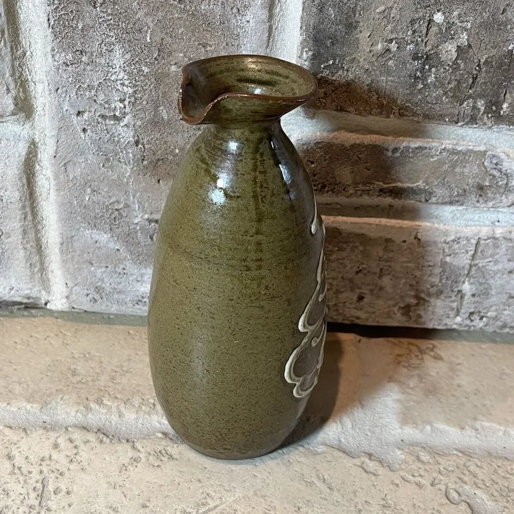 Studio Art Pottery Vase 6.5‎ Inch Olive Green Fish Skeleton Fossil Signed