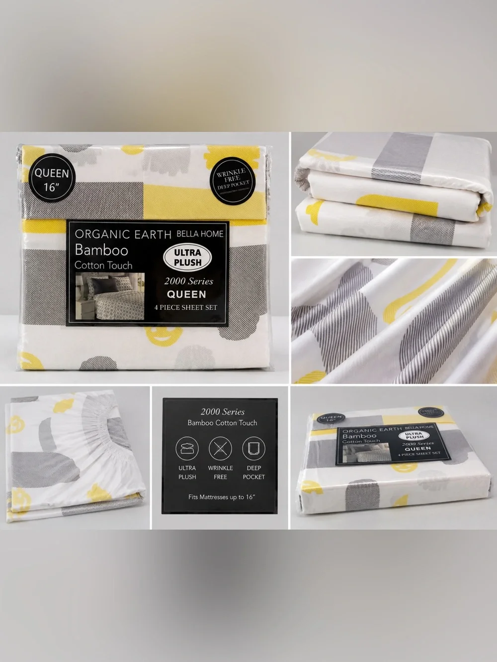 Unisex Bella Home Queen Blue Yellow Abstract Bamboo Cotton Sheet Set