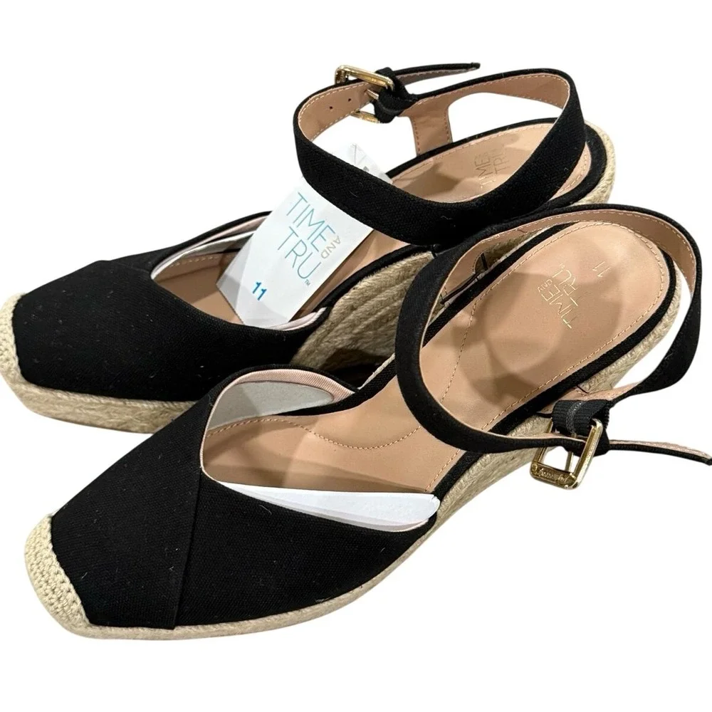 Time and Tru Espadrille Wedge Sandals Black Size 11