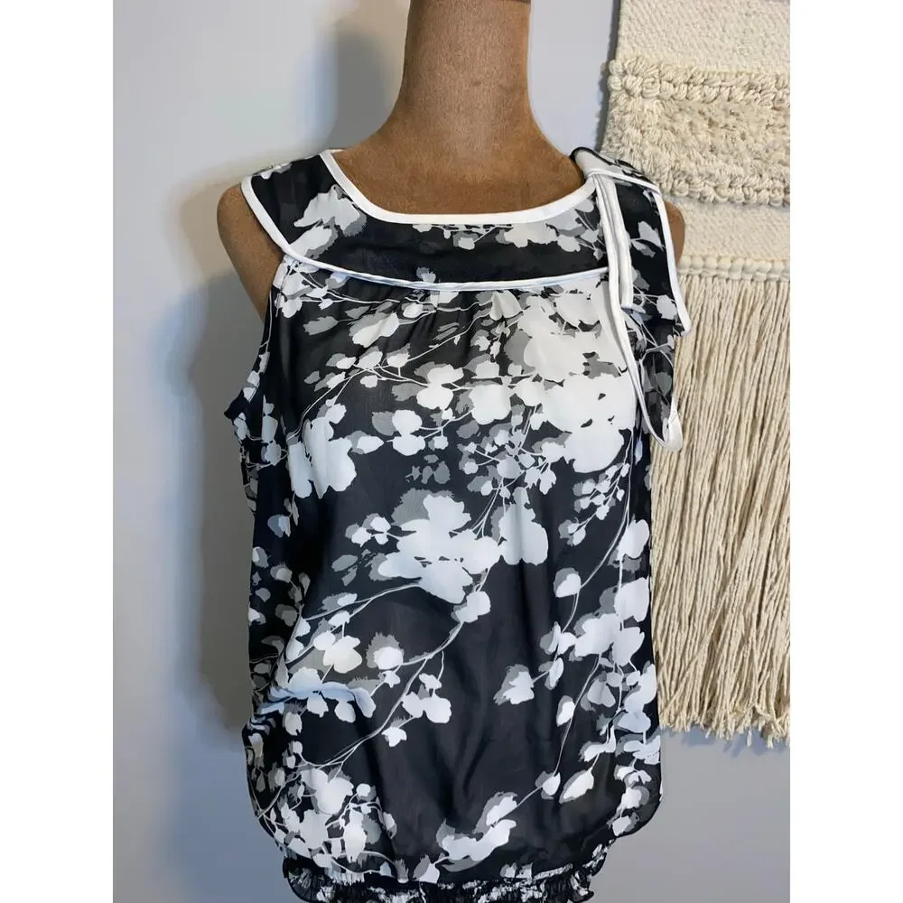 BCX Black White Floral Sleeveless Bubble Hem Blouse Medium Sheer Layered Top
