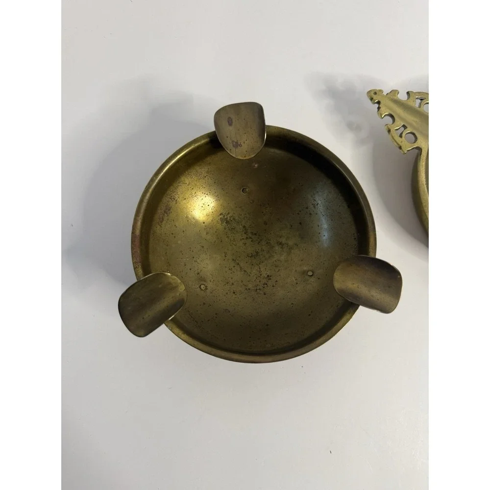 Vintage Solid Brass 3-Slot Ashtray & Decorative Handled Dish - Set of 2