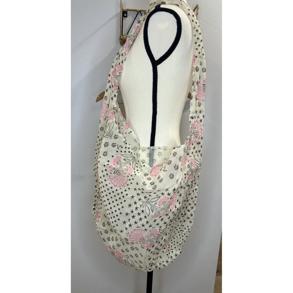 Free People‎ Woven Gauze Shopping Tote Dot Floral Boho Beige Beach Market NWOT