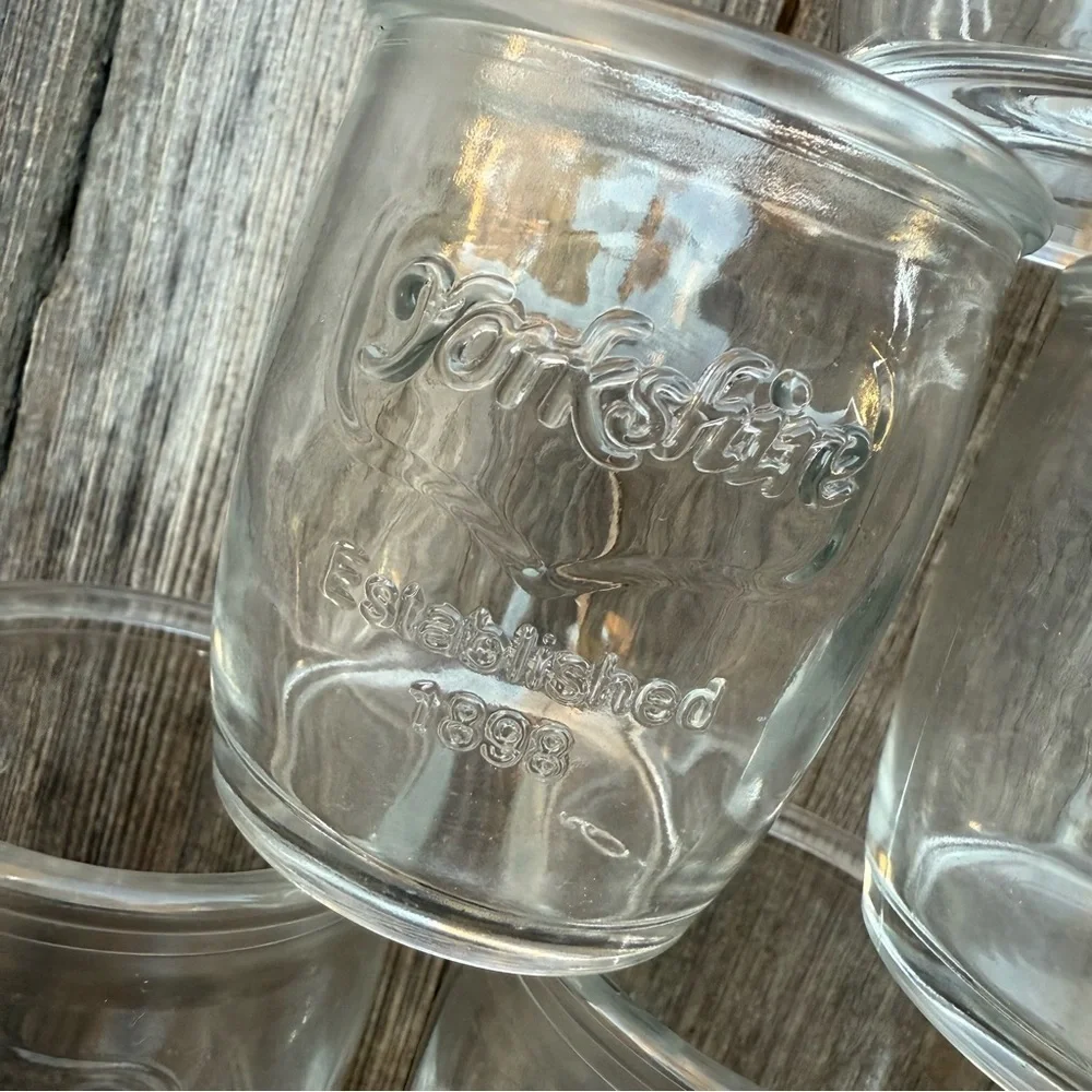 Six Vintage Yorkshire est 1898 Mini Mason Jelly Jar 2oz Embossed Shot Glasses