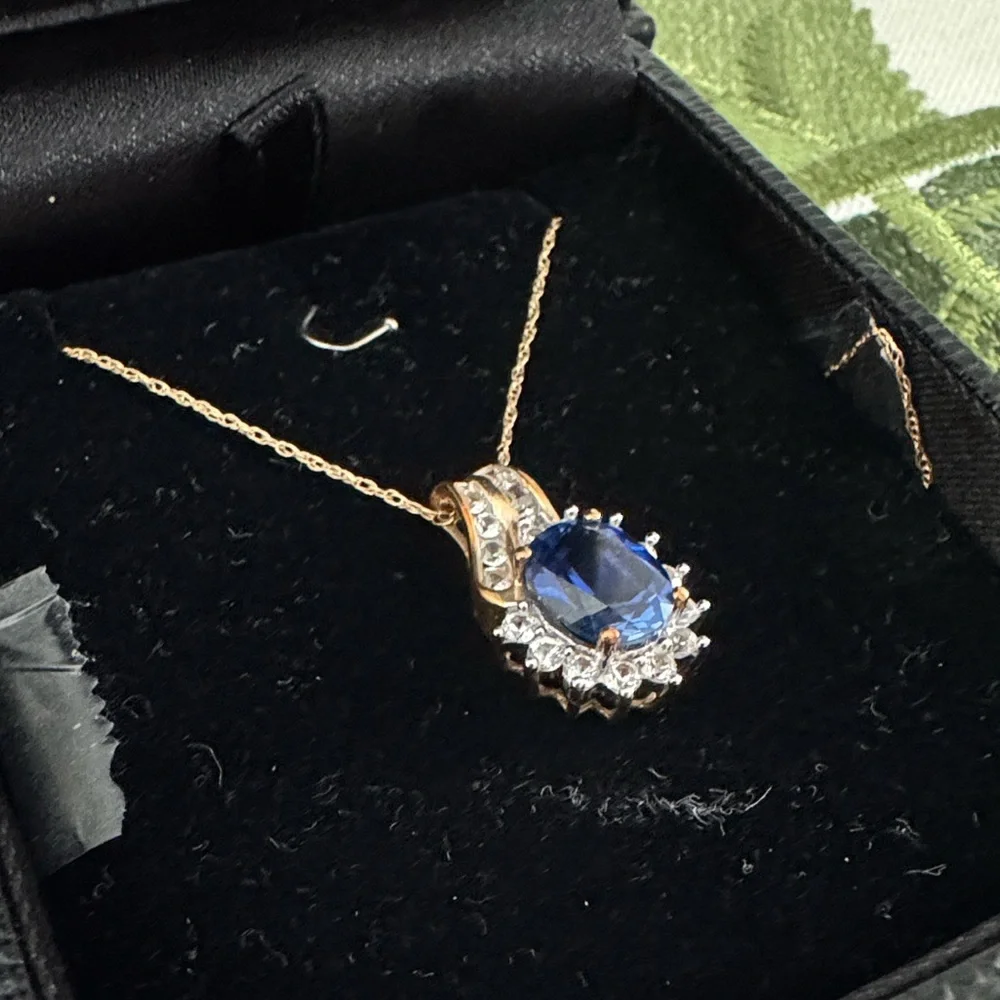10K Gold Necklace with Blue Sapphire-Color Pendant